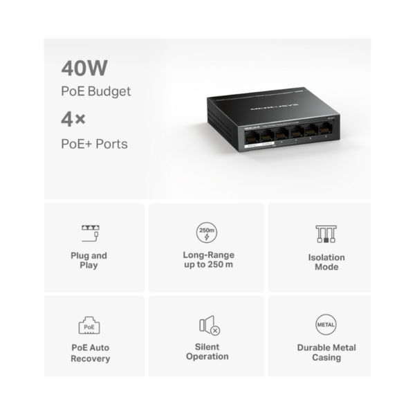Switch Mercusys 6 Puertos MS106LP 10/100 Mbps Desk 4 Puertos+ PoE